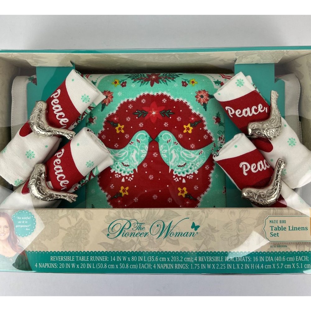 Pioneer Woman Table Linens Set "Mazie Bird" 13 Piece Set Reversible New Unopened